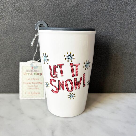 Let It Snow! Travel Mug with Lid Ceramic Double-Wall Coffee Cup 12 oz CR Gibson - Picture 1 of 9